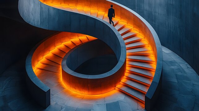 A businessman walks up a modern, elegant spiral staircase with glowing orange light, viewed from a high angle to emphasize the architectural design and sense of progress