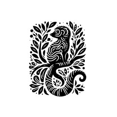 Stylized Black Silhouette of a Meerkat Perched Amidst Decorative Foliage.