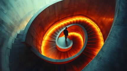 Fototapeta premium A businessman walks up a modern, elegant spiral staircase with glowing orange light, viewed from a high angle to emphasize the architectural design and sense of progress
