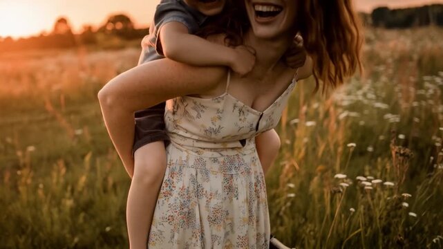 Joyful mother and son sharing laughter and a piggyback ride in a sun-drenched meadow