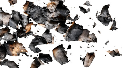 Burnt paper fragments scattered dark background ashes destruction