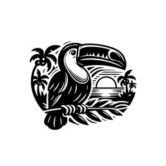 Stylized Black Silhouette of a Toucan Perched Amidst Tropical Palm Trees and Sunset.