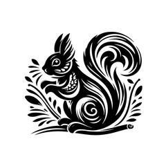 Stylized Black Silhouette of a Squirrel with Ornate Tail and Decorative Elements.