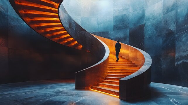 A businessman walks up a modern, elegant spiral staircase with glowing orange light, viewed from a high angle to emphasize the architectural design and sense of progress