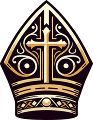 Obraz premium Minimalist Pope Mitre Vector with Central Gold Cross and Decorative Religious Elements