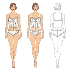 Vector body sketch of a female model in undergarments ideal for clothing development