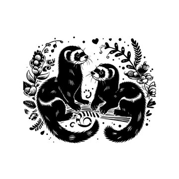 Two Black Ferrets with Floral Ornate Design in Silhouette Style.