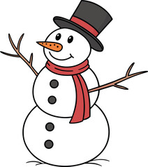 Snowman with a top hat and carrot nose, coloring page for kids. Black and white line art vector illustration on transparent background