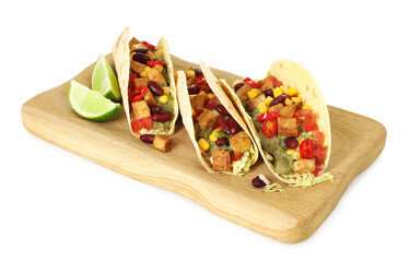 Tasty vegetarian tacos with beans, tofu, vegetables, guacamole and lime isolated on white
