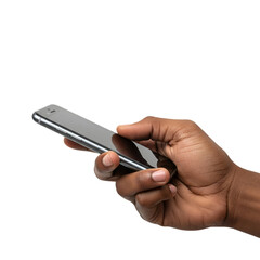 Isolated Photo Of A Hand Holding A Black Smartphone On Transparent Background
