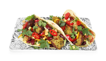 Tasty vegetarian tacos with falafel, tofu, beans and vegetables isolated on white