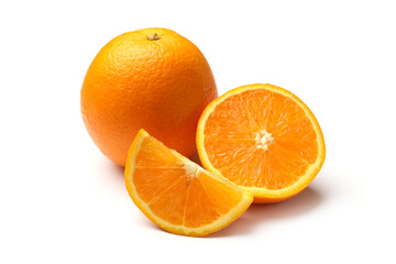 Whole and cut oranges isolated on white