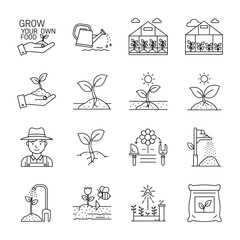 Naklejka premium Gardening, Agriculture line icon set. Vector pictograms of grow your own food, seedling, farmer, pollination, fertilizer thin linear illustration