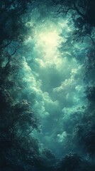 Fototapeta premium Looking Up Through Dark Forest Canopy to Glowing Sky