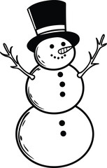 Black and white snowman line art vector illustration  on transparent background