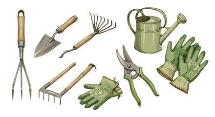 Isolated Gardening Tools Illustration on Transparent Background in Green Colors
