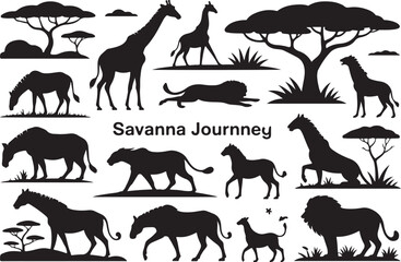 Silhouettes of african animals and savanna environment