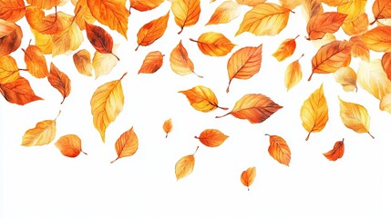 Watercolor illustration of falling autumn leaves in shades of orange and yellow against a white background