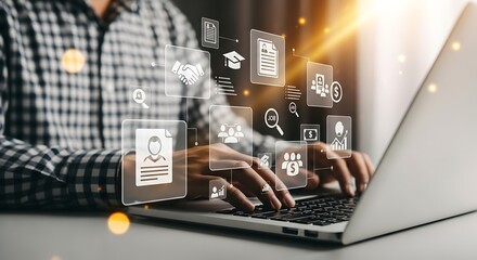 Fototapeta premium Business Professional Networking Online: Man Typing on Laptop with Job Search, Recruitment, and Finance Icons