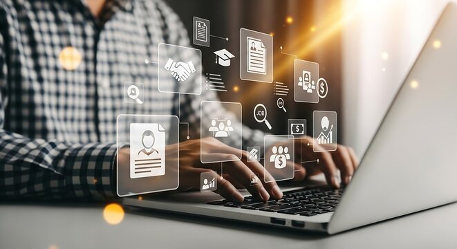 Business Professional Networking Online: Man Typing on Laptop with Job Search, Recruitment, and Finance Icons