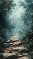 Fototapeta premium Walking on Stone Path Through Misty Woods Landscape