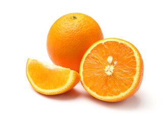 Whole and cut oranges isolated on white