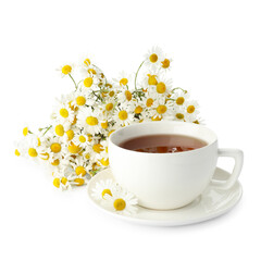Aromatic tea in cup and chamomile flowers isolated on white