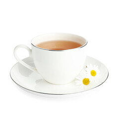 Aromatic tea in cup and chamomile flowers isolated on white