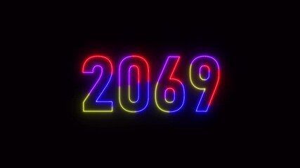 2069 neon line text. Abstract 2069 neon text animation ,For neon color Glowing neon number text background 4k video animation .Digital font against a dark background with neon line looping animation.