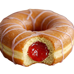 Isolated Photo Of A Glazed Donut With Bite Showing Cherry Filling