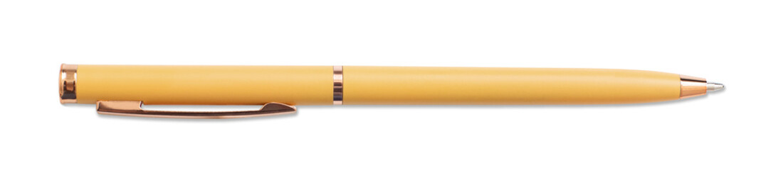 Ballpoint pen isolated in transparent PNG, top view of yellow pen, business office desk design element