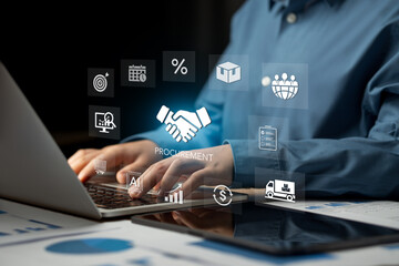 Procurement Management Concept Procurement operators use digital systems to manage and administer external resources to achieve business goals. Innovative B2B supplier management.