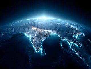 Aerial view of earth at night showing city lights and coastline with a bright sun rising above horizon