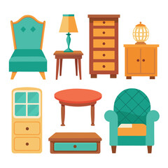 Collection of colorful cartoon furniture including chairs tables cabinets and a lamp arranged on a white background showcasing a variety of styles and designs for