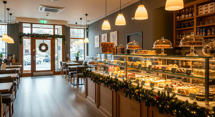 Modern Bakery and Cafe Interior with Extensive Pastry Display and Christmas Decor