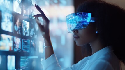 Woman interacts with futuristic display