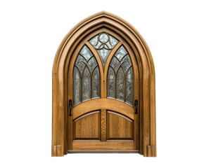 Elegant gothic style wooden door with stained glass windows and arched frame transparent background
