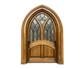 Elegant gothic style wooden door with stained glass windows and arched frame transparent background
