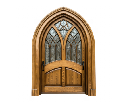 Elegant gothic style wooden door with stained glass windows and arched frame transparent background