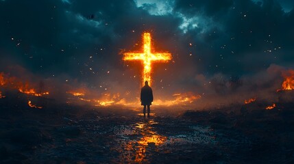 Believer stands before glowing cross in mystical serene scene