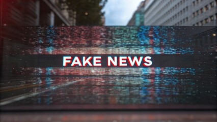 Digital glitch effect displays "FAKE NEWS" in bold white letters against a cityscape background, symbolizing misinformation in modern media.