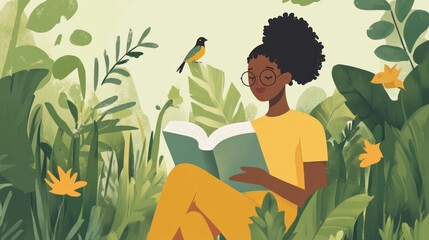 Woman reading in lush foliage