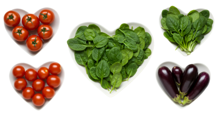 Isolated Photo of Heart-Shaped Vegetable Bowls with Tomatoes Spinach and Eggplant