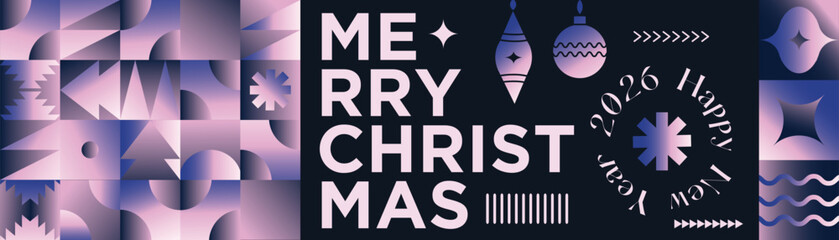 Merry Christmas Gradient Geometric Pattern Banner with Modern Typography and Colorful Festive Ornaments and Snowflakes Holiday Greeting Background Design
