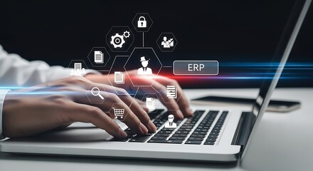 Obraz premium Enterprise Resource Planning: Typing on Laptop with ERP Icons, Modern Business Technology, Digital Transformation, Business Automation, Data Analytics, Security