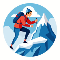 Illustrated Mountain Climber Ascending a Snowy Peak A Vector Graphic Depicting Adventure and Determination in a Stylized Circular Composition with a Clear Blue Sky and