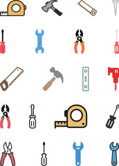 Obraz premium Comprehensive set of construction and handyman tool icons, including tape measure, hammer, saw, nail, screwdriver, wrench, pliers, and drill, for repair and building.