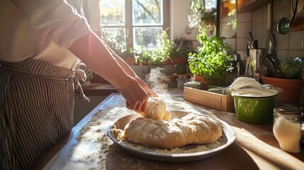 Woman kneading dough in a sunlit kitchen