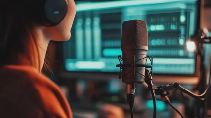 Woman recording podcast