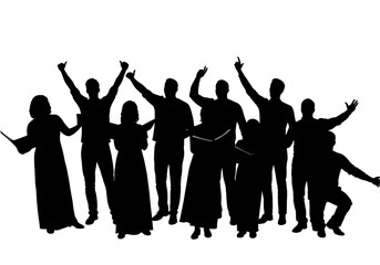 Silhouette of a choir with raised hands and music sheets against a white background